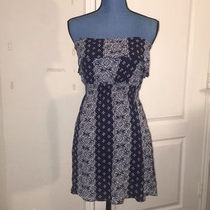 Strapless Dress in Navy Blue Paisley Pattern